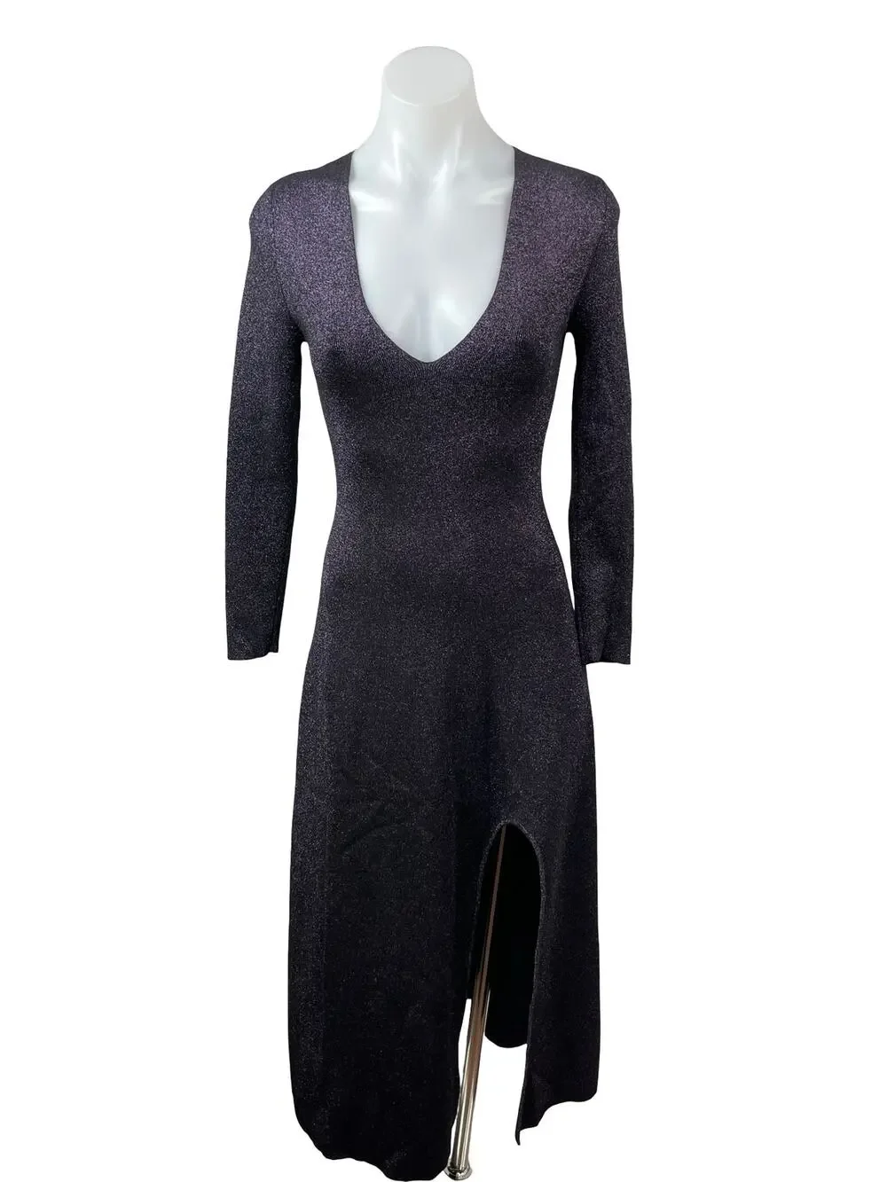A.L.C. Serafina Shimmer Metallic Knit Slit Long Sleeve Midi Flare A-Line Dress S